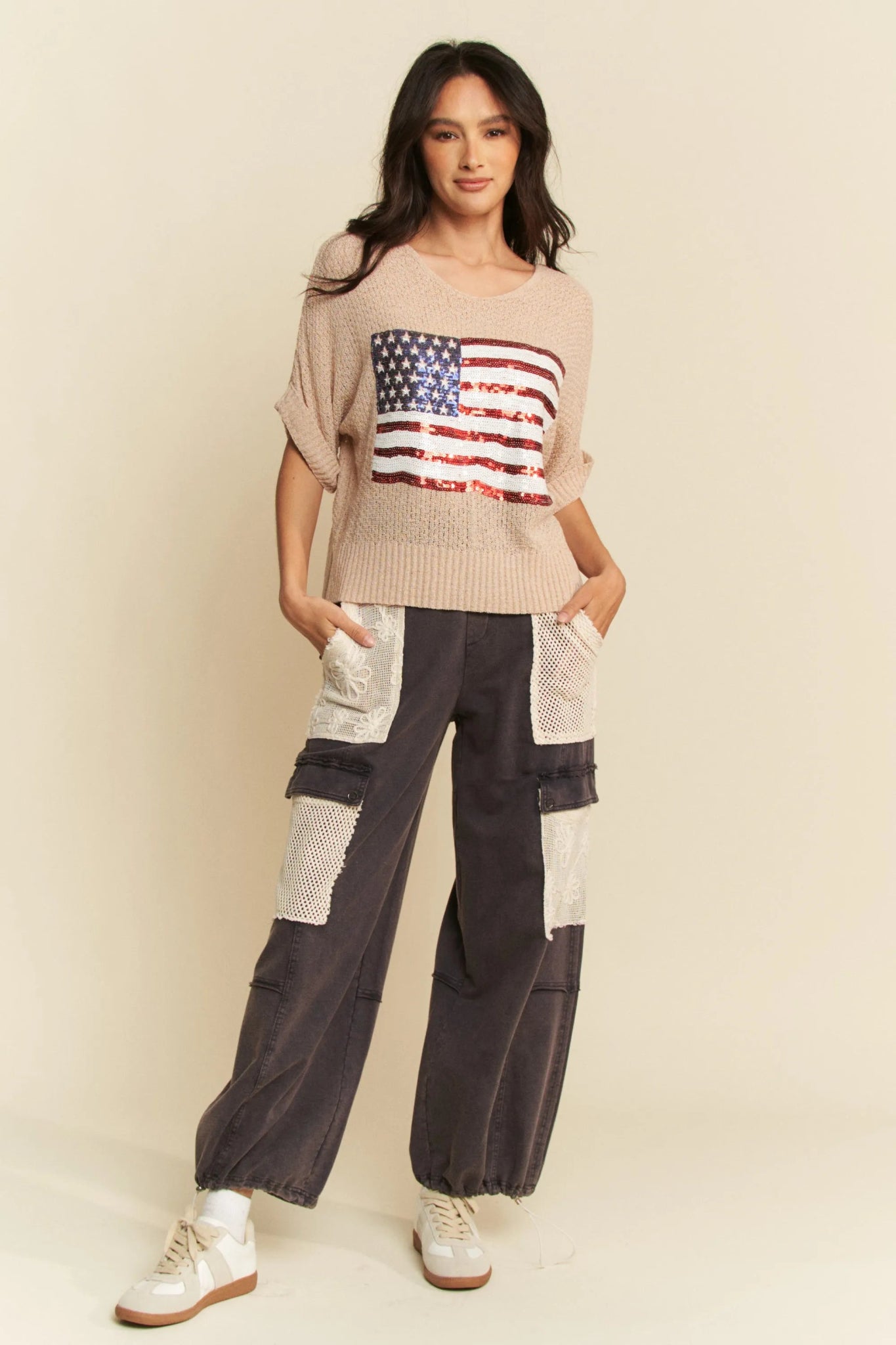Davi & Dani Sequin American Flag Patch Short Sleeve Knit Top - Bela Fils BoutiqueBela Fils Boutique